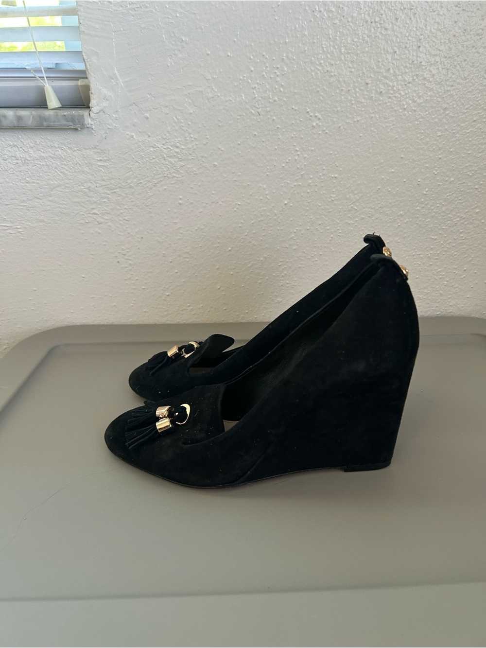 Vince Camuto Black Suede Tassel Wedge Pumps